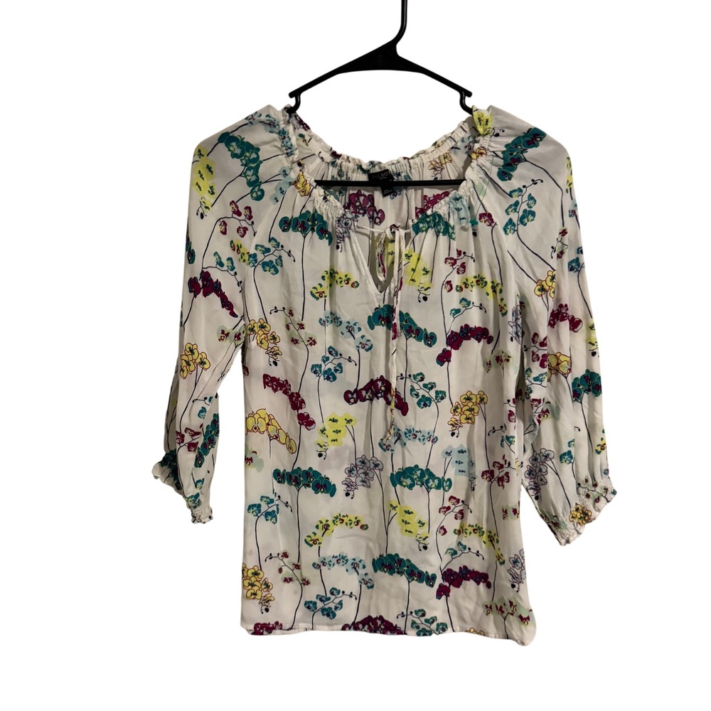 Talbots Petites Floral Orchid Print Split Tie Neck 3/4 Sleeve Blouse White P